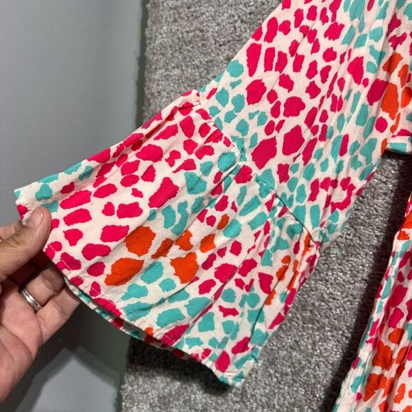 Emily Wonder Woman’s Multi Color Babydoll Top Blouse 3/4 Ruffle Sleeve Size L - Picture 3 of 8